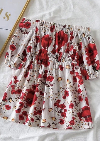 White with red top flowers dress